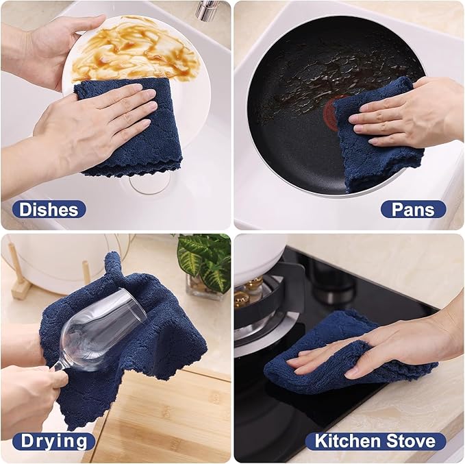 Homaxy 24 Pack Kitchen Dish Cloths (10 x 10 Inches, Navy Blue), Super Soft and Absorbent Coral Velvet Dish Towels, Nonstick Oil Fast Drying Microfiber Cleaning Cloth, No Lint Household Dishcloths