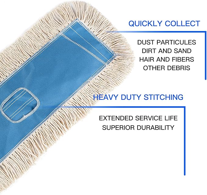 Matthew Cleaning 36'' Industrial Strength Cotton Dust Mop Refill Washable Replacement Heads for Residential & Commercial Use Fit Standard Dust Mop Frames, Hardwood, Concrete Floors Blue&White 6 Pack