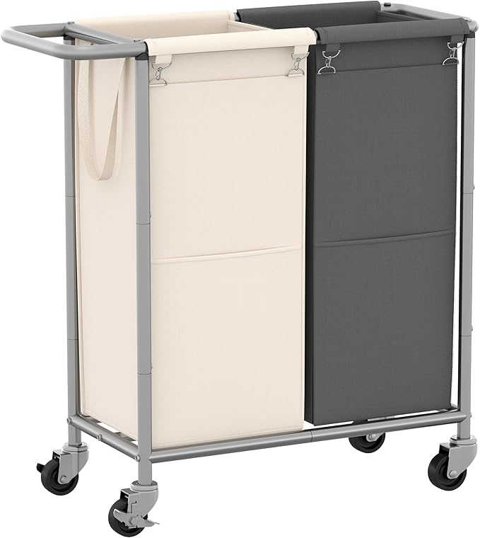 Heybly Laundry Basket, 2 x 18.5 Gal Laundry Separator Hamper with Heavy Duty Rolling Wheels, Divider Sorter with Removable Bags, Dirty Clothes Storage, 29.1 x 15.4 x 33.1 Inches HLH021P02