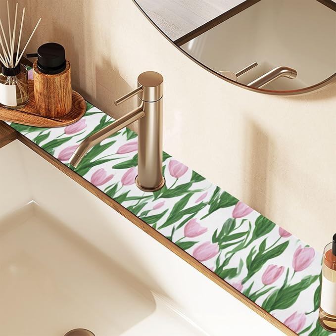 Kitchen Sink Splash Guard 1 PC 30 Inch Sink Faucet Mat Splash Guard for Bathroom Countertop Water Absorbent Foldable Cuttable Soft Washable Small Tulips Pink