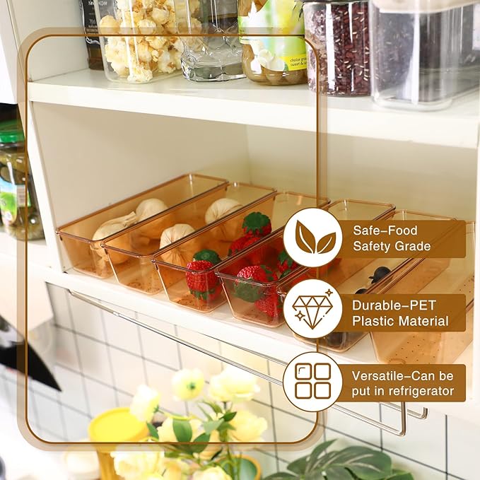 Maitys 12 Pcs Clear Drawer Organizer 9 x 3 x 2 Inches Plastic Rectangle Trays Makeup Vanity Storage Bins and Kitchen Drawers Dividers for Office Desk Silverware Kitchen Utensils(Champagne)