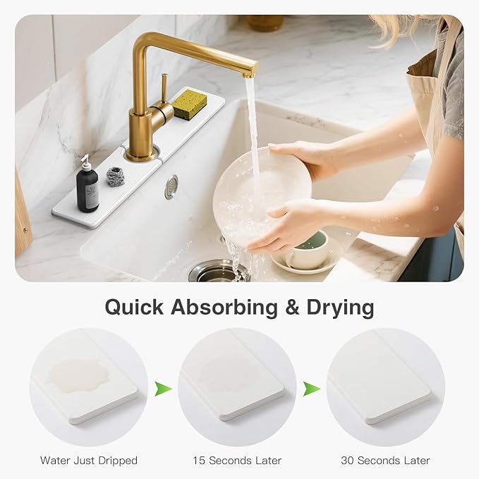 20" x 4" Stone Faucet Mat for Kitchen Sink, Quick Drying Diatomite Sink Tray, Faucet Sink Splash Guard for Prevents Moisture Buildup (White)