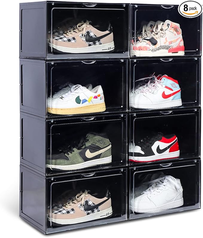 XL clear shoe storage boxes stackable, 8 Pack Large Shoe Boxes Clear Plastic Stackable, Drop side Sneaker Container Fit Size 13 (Black 8 Pack)