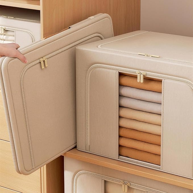 100L Clothes Storage Bins with Metal Frame Foldable Storage Bins with Lids Clothes Organizers and Storage with Clear Window Stackable Zippered Clothes Storage Bags(Beige)