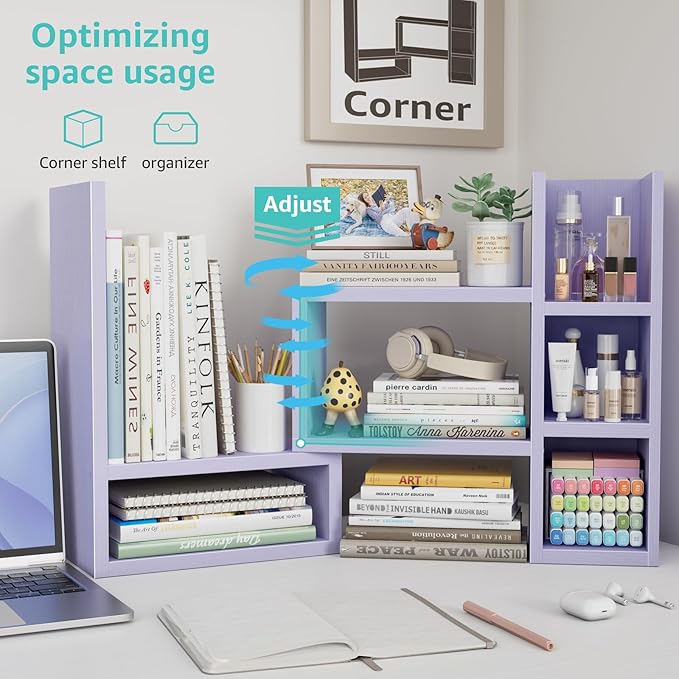 Desk Shelves Desktop Orgnizer Shlef - Purple Office Organization for Top of Desk Organizers and Accessories Corner Bookshelf Table Top Shelving Small Hutch Decorations for Women Office