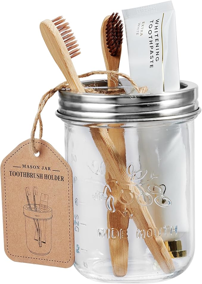 SheeChung Mason Jar Toothbrush Holders, Glass Toothbrush Holders for Bathroom, Bathroom Essentials, Mason Jar Bathroom Accessories Set, Bathroom Countertop Organizer-Brushed Steel