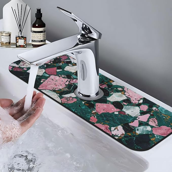 Faucet Draining Mat For Kitchen Sink, Terrazzo Dark Green Diatom Mud Absorbent Drain Pad For Bathroom Kitchen Sink Splash Guard Drying Mat