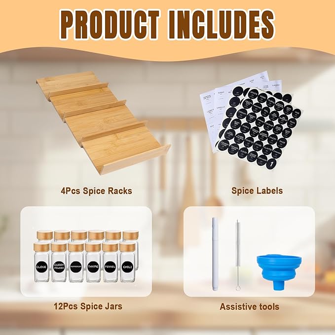 Bamboo Spice Rack for Drawer with 12 Jars,4 Tier Stackable Seasoning Storage Organizer Insert,for kitchen condiments storage insert（Combined Size:18.9" D x 9.5" W x 1.8" H）