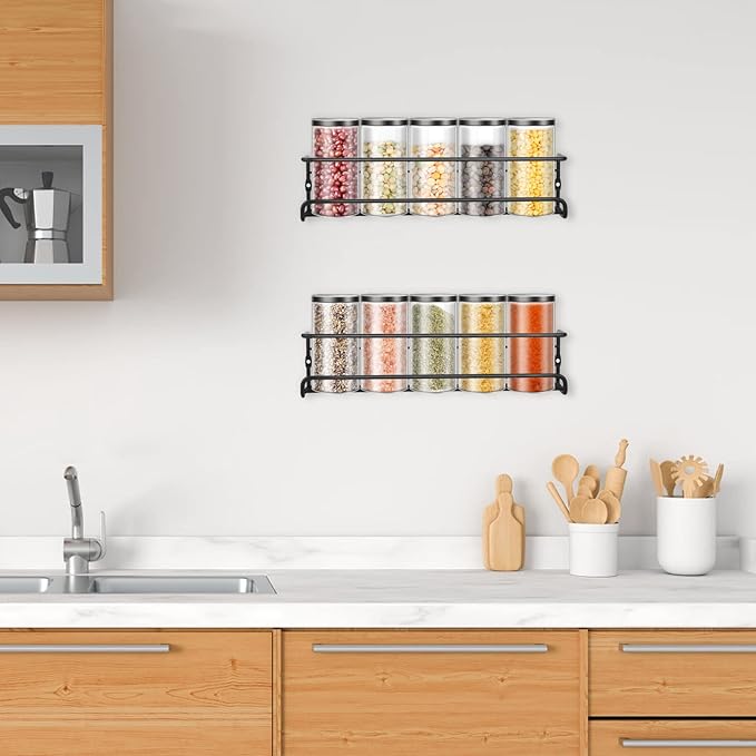 Wall Mounted Spice Rack, Hanging Spice Organizers, Kitchen Condiments Storage for Space Saving (2pcs, Black)