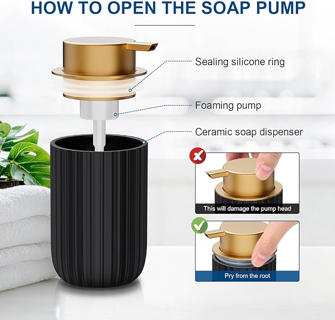 Ceramic Foaming Soap Dispenser, 12 oz Bathroom Foam Hand Soap Dispenser, Refillable Lotion Soap Dispenser with Removable Pump for Kitchen Hand Wash Dispenser, Modern Home Decor(2Pack-Black)