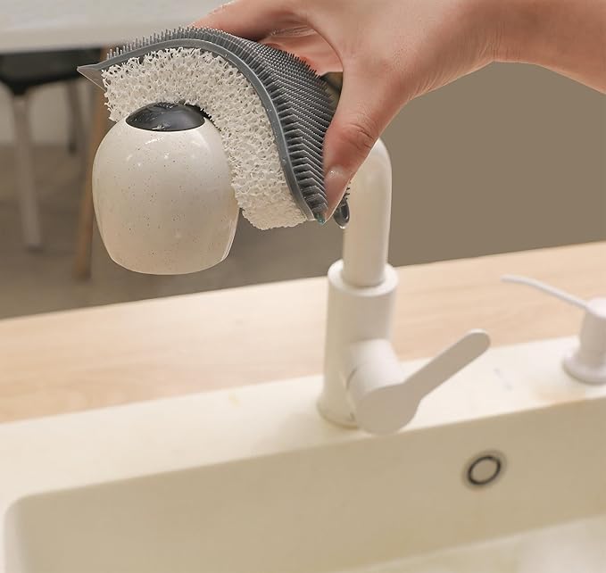 Silicone Sponge & Scrubber – 2-in-1 Non-Scratch Dishwashing for Dishes, Pots & Pans, Reusable Kitchen Sponge with Soft Bristles & Foam (Dual-Sided Design) (Gray/White)