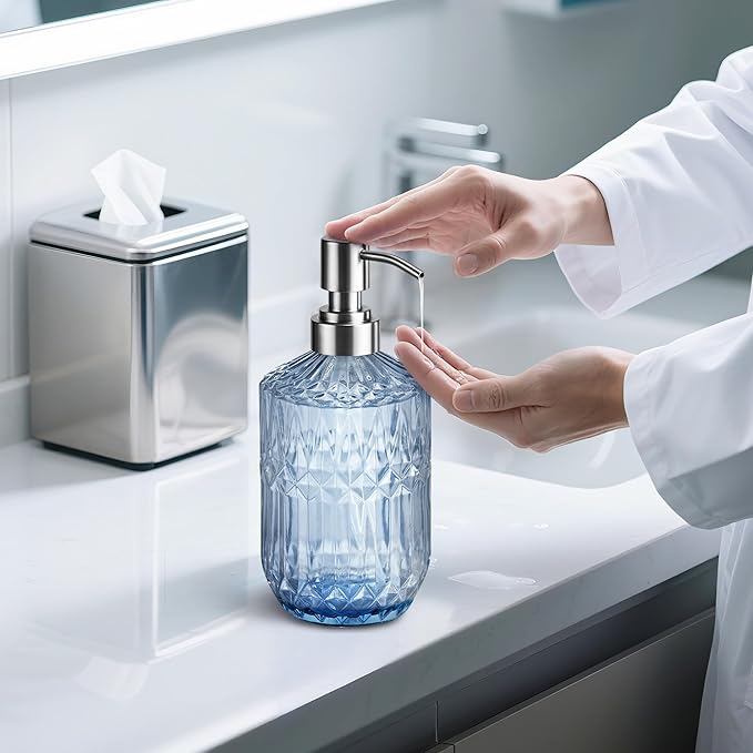 Kaishun 13 Oz Refillable Soap Dispenser, Glass Soap Dispenser for Dispense Hand Soap, Dish Soap, Lotion (Blue)