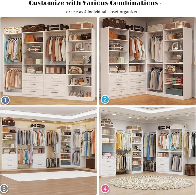 Closet System with 4 Sets, Closet Organizer Systems with 6 Drawers & 7 Hanging Rods & Adjustable Shelves, Walk in Closet Standalone Closet System Modular Closet System Set White