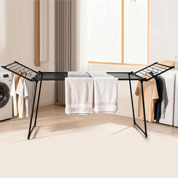 YUBELLES Expandable Clothes Drying Rack, Gullwing Laundry Drying Rack, Space-Saving, Towels, Linens, Indoor, Outdoor Black