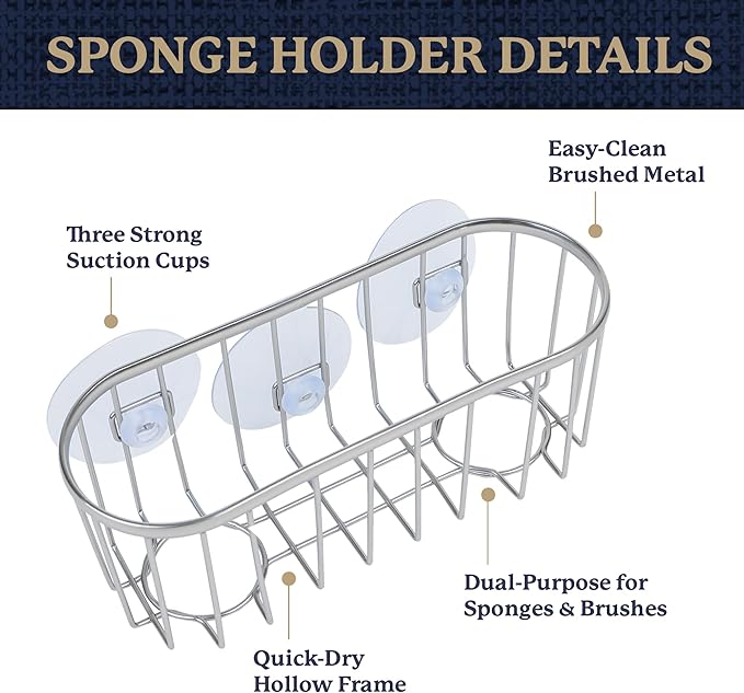 Farberware Sponge Holder for Kitchen Sink—Brushed Metal Sink Caddy Organizer with Triple Suction Cups, Kitchen Organizer for Sponges, Brushes, Soap & Cleaning Essentials