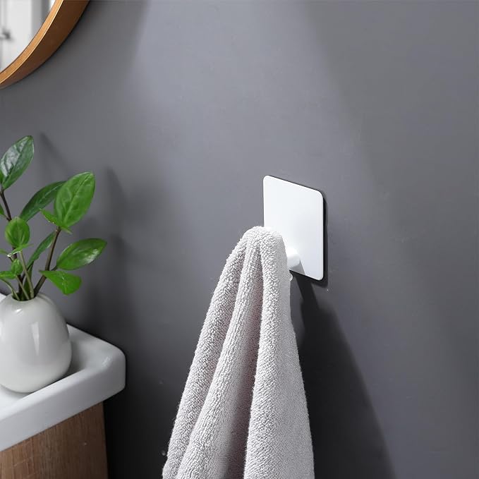 DELITON Adhesive Hooks 4 Pack - Simple White Towel Hooks for Coat, Robe and Bags, Heavy Duty Stick on Wall for Bathroom and Kitchen