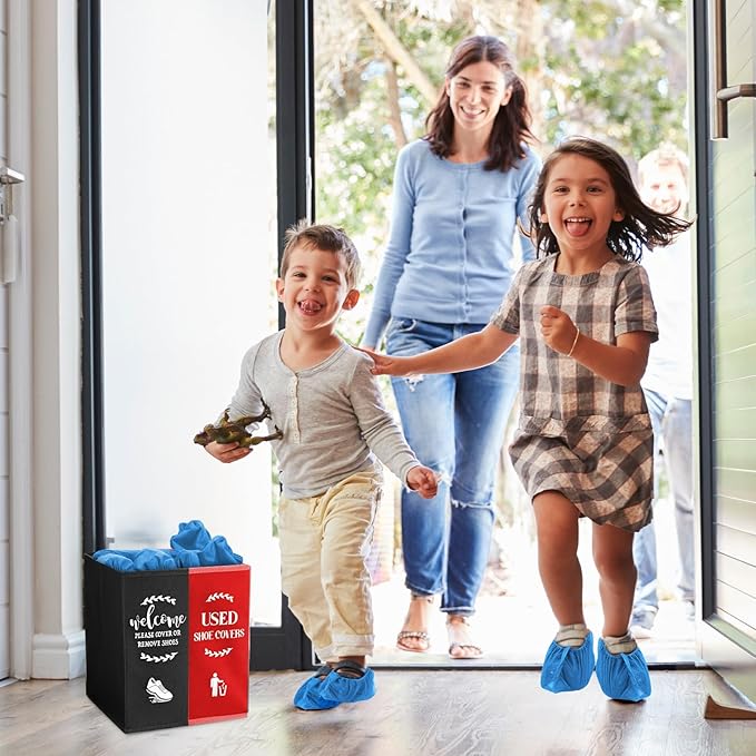 Shoe Cover Box Dispenser Foldable Storage Bin Holder with Used Shoe Covers and Welcome Please or Remove Sign for Open House Supplies(Black, Red)