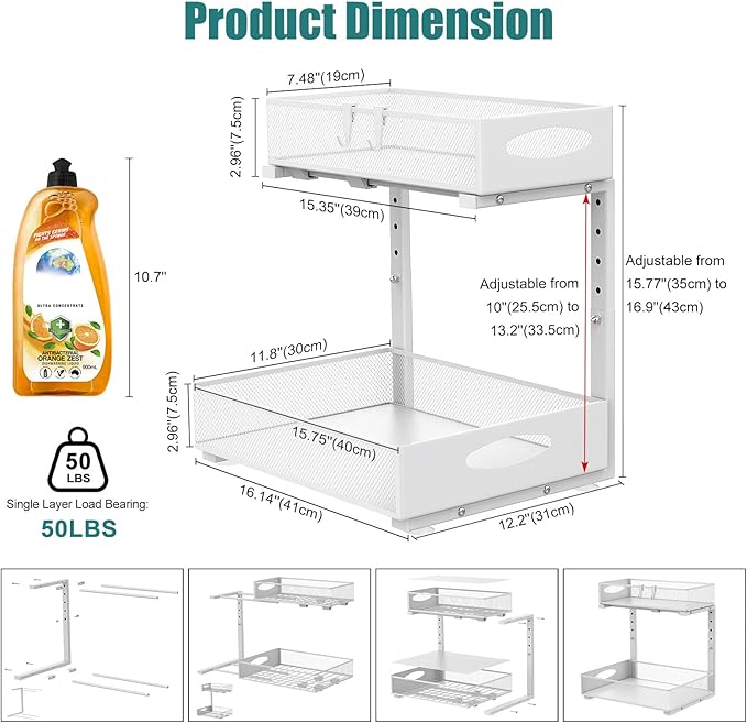 Housolution 1 Pack Large Under Sink Organizer, 2 Tier Metal Pull Out Under Sink Storage with Sliding Mesh Drawers, Height Adjustable Slide Out Under Cabinet Organizer for Kitchen Bathroom, White