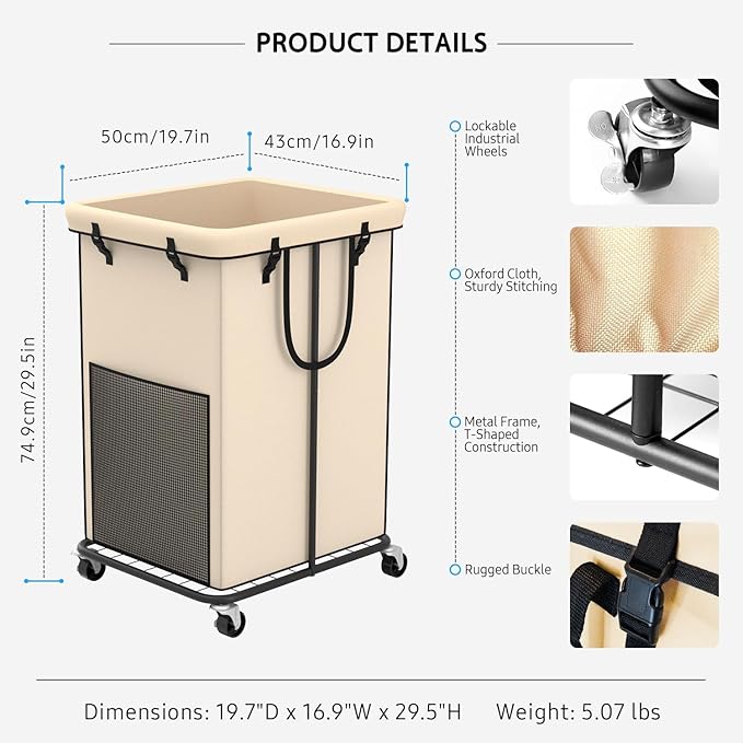 150L Large Laundry Hampers, Oxford Fabric Laundry Hampers Clothes Hampers, Metal Frame and Removable Bag Design with Wheels, Suitable for Bedroom, Bathroom, Dorm Room, Laundry Room (White)