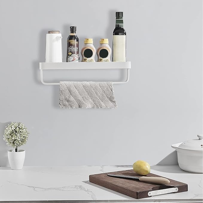 Bathroom Tempered Clear Glass Shelf with Towel Bar Wall Mounted 15.7 Inch Shower Organizer Modern Metal Kitchen Spice Decor Rack Over Toilet Storage Holder Rectangular Vanity White