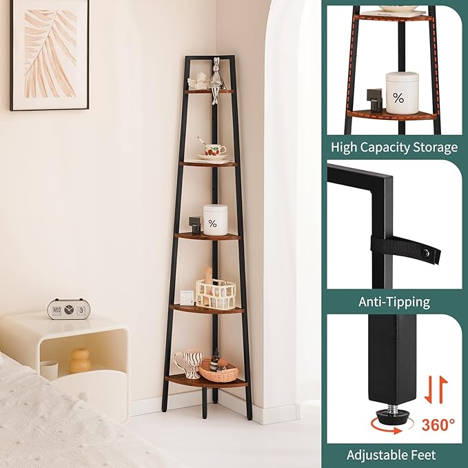 Yoobure Corner Shelf, 5-Tier Corner Bookshelf with Metal Frame & Wood Ladder Shelves - Display Shelf & Tall Bookcase, Plant Stand for Home Decor - Bedroom, Living Room, Office