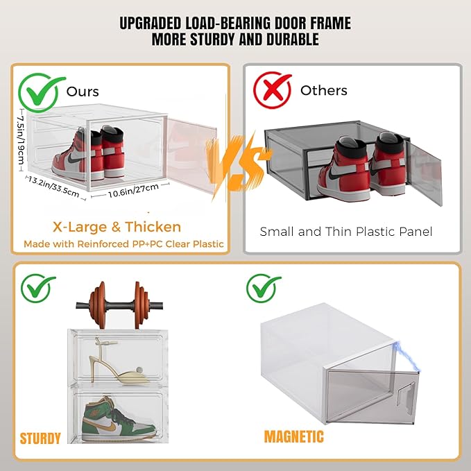 XL Large Stackable Shoe Boxes - Clear Plastic Shoe Storage Boxes with Magnetic Door, Thicken Shoe Organizer for Closet, Space Saving Foldable Shoe Containers Bins for Sneaker Boot - 6 Pack(White)