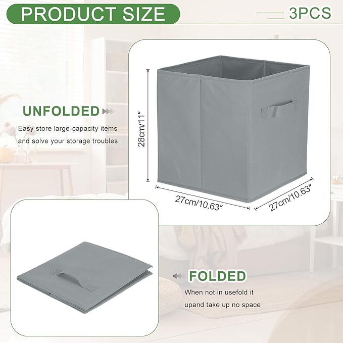 uxcell 3Pcs Fabric Storage Bins, 11 Inch Cube Storage Bin Foldable Storage Cube Organizer Bins with Handles for Shelf Closet, Nursery Home, Bedroom(Gray)