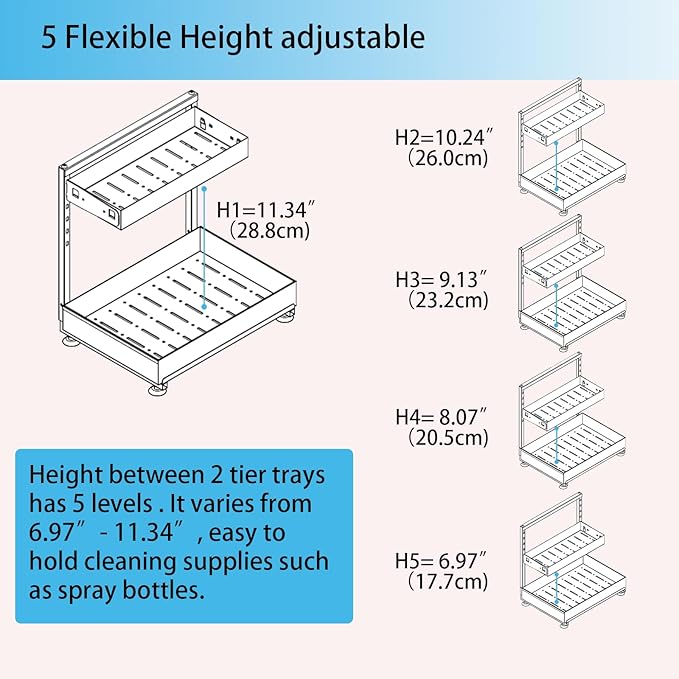 Under Sink Organizer, Bathroom Counter Organizer, 2 Pack 2 Tier L-Shape White, Adjustable Height Carbon Steel, Under Cabinet Storage with Pull Out Drawer, Use for Kitchen Bathroom Office Shop Laundry