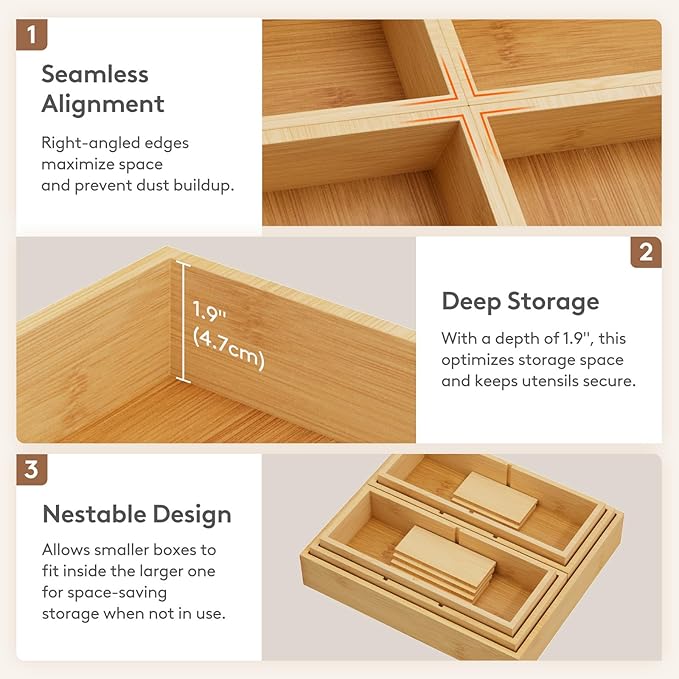 Lifewit Drawer Organizers 5 Pack(11 Grid) with 6 Inserts, Adjustable Bamboo Wooden Drawer Dividers, Stackable Storage Box for Utensils, Silverware, Makeup, Junk in Kitchen/Bathroom/Office/Vanity