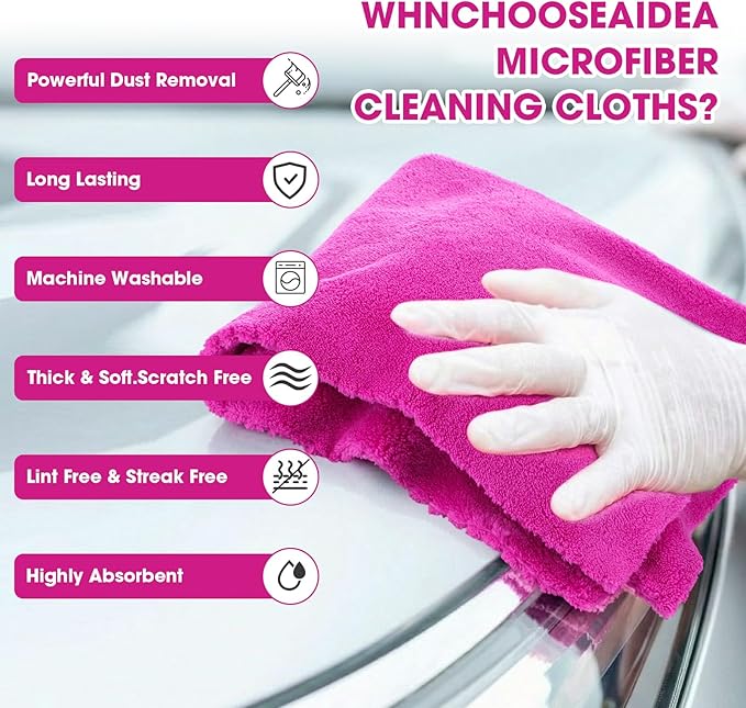 Shimeyao 30 Pcs 16 x 16 Inch Edgeless Microfiber Plush Towels for Cars Detailing Drying Wash Polishing Absorbent Cleaning Cloths, 500 GSM (Fuchsia, 30 Pcs)