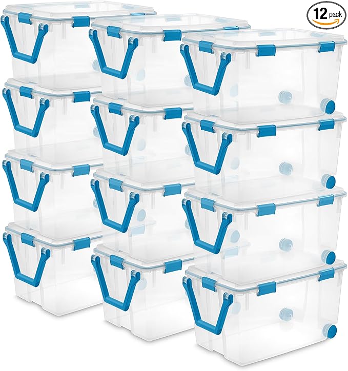 Sterilite 12-Pack Gasket Box, Weather-Resistant Storage Bins with Latching Lids, 120 Quart - Heavy-Duty Organizing Containers for Closet, Bathroom, and Office