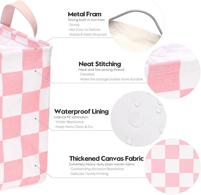 Hinwo Large Canvas Fabric Storage Basket with Handles, 33L/8.6-Gal Rectangle Bin, Collapsible Storage Box, Clothes, Toys, Blankets Organizer, 16.5 x 12 x 10 Inches (L, Pink Checkerboard)