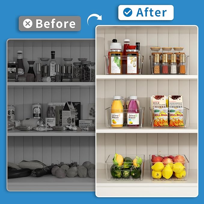 Pantry Organizers and Storage, 8 Pack Snack Organizer for Pantry Shelf,Food Storage Bins with Divider,Clear Containers for Organizing,Transparent Plastic Basket,Refrigerator and Fridge Bins