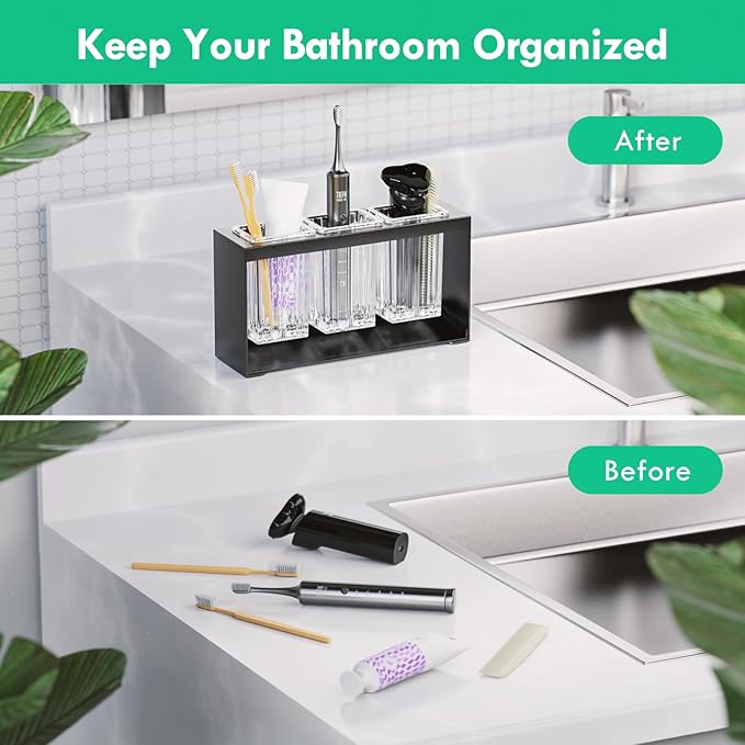 Toothbrush Holders for Bathrooms, Detachable Toothbrush Organizer with 3 Slots, Toothbrush and Toothpaste Holder Set for Countertop Accessories Storage, Tooth Brushing Holder, Black