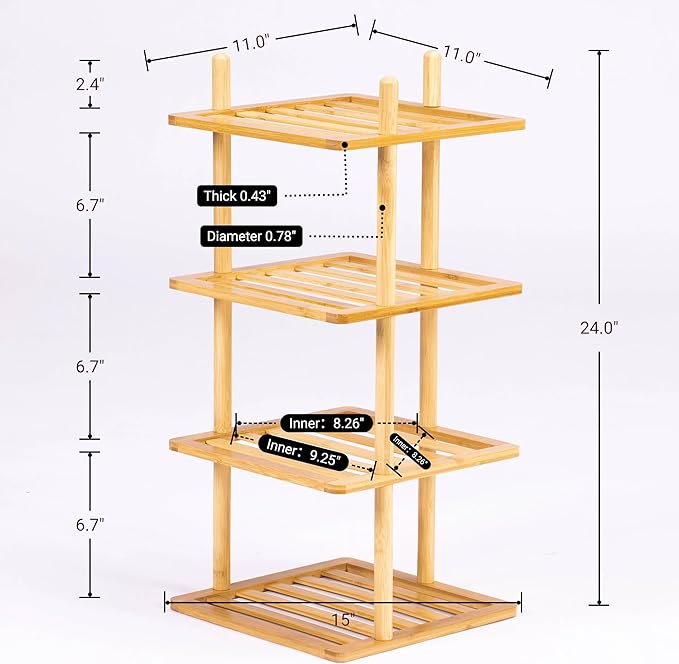 Expandable Bamboo Corner Shelf - Dish/Plate Organizer for Cabinet, Kitchen Counter Shelf & Small Kitchen Shelf, Adjustable (1, 4Tier-Large-6.7" H)