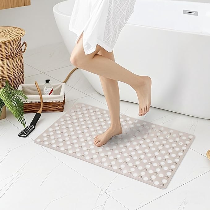 BREELEAM Non Slip Bathtub and Shower Mat 31x17 inch,Bath Mat with Quick Dry Drain Holes and Suction Cups, Soft Comfortable Safe Bathroom Mat for Bath Tub, Floor, Tile (Khaki)