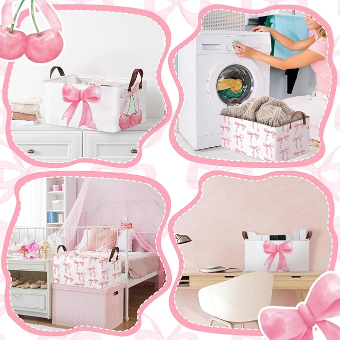 Boao 3 Pcs Coquette Pink Bow Storage Bin Collapsible Large Storage Baskets for Gifts Empty Candy Holiday Decor Canvas Laundry Basket Foldable Box with Handle for Office Home Bedroom Clothes
