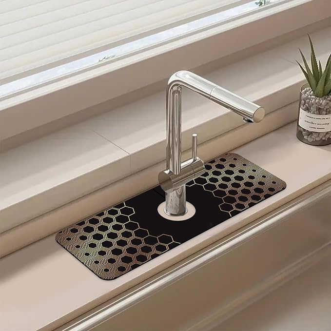 Sink Splash Guard Faucet Mat Black Gold Honeycomb Absorbent Fast Drying Mat Sink Gadgets Splash Guard Behind Faucet Drip Catcher for Kitchen Bathroom 15.5"X5.5"