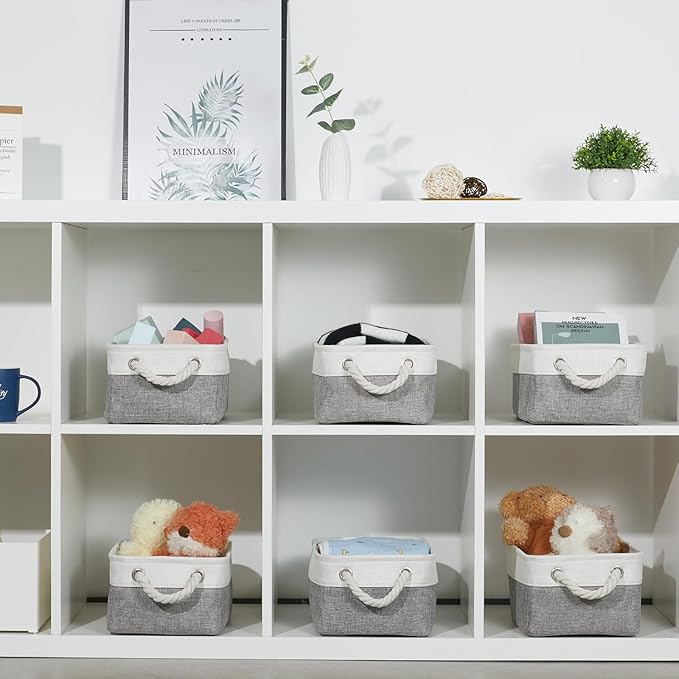 Bidtakay Small Baskets for Organizing Fabric Storage Baskets for Shleves 6 Pack Collapsible Closet Storage Bins with Handles Linen Organizer Baskets for Bathroom Nursery Home Storage (White&Grey)