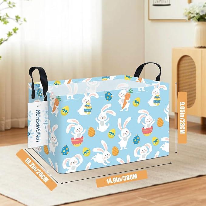 LANGYASHAN Rectangular Storage Bin Collapse Canvas Fabric Cartoon Storage Basket with Handles for Organizing Home Kitchen Boys and Girls Toys Office Closet Shelf Baskets (Rec Blue Rabbit Easter Egg)
