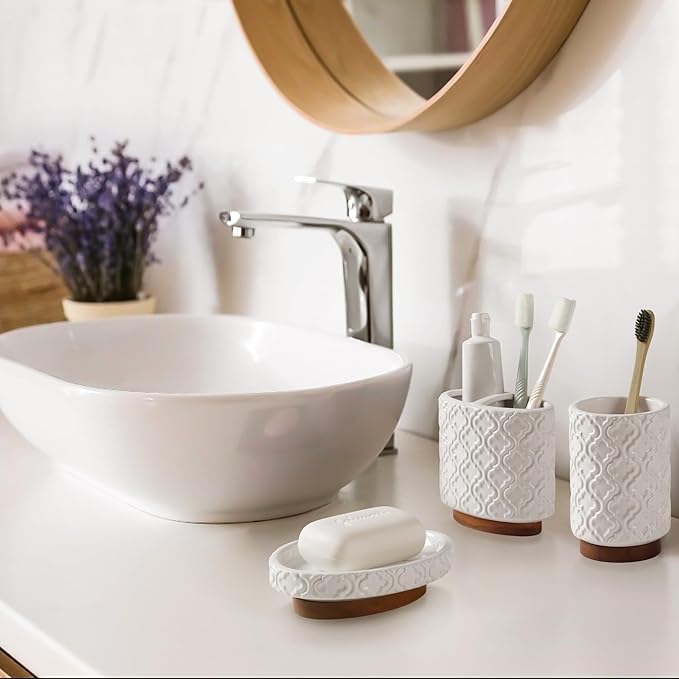 Bathroom Accessories Set 5 Pieces Toothbrush Holder Soap Dispenser Ceramic Bathroom Accessory Set Contain Cotton Swab Jar Toothbrush Cup Soap Dish Tumbler
