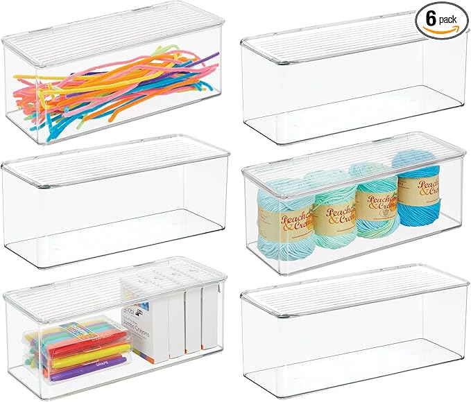 iDesign Plastic Stackable Hinged-Lid Storage Box for Kitchen, Bathroom, or Office - Set of 6 - Clear