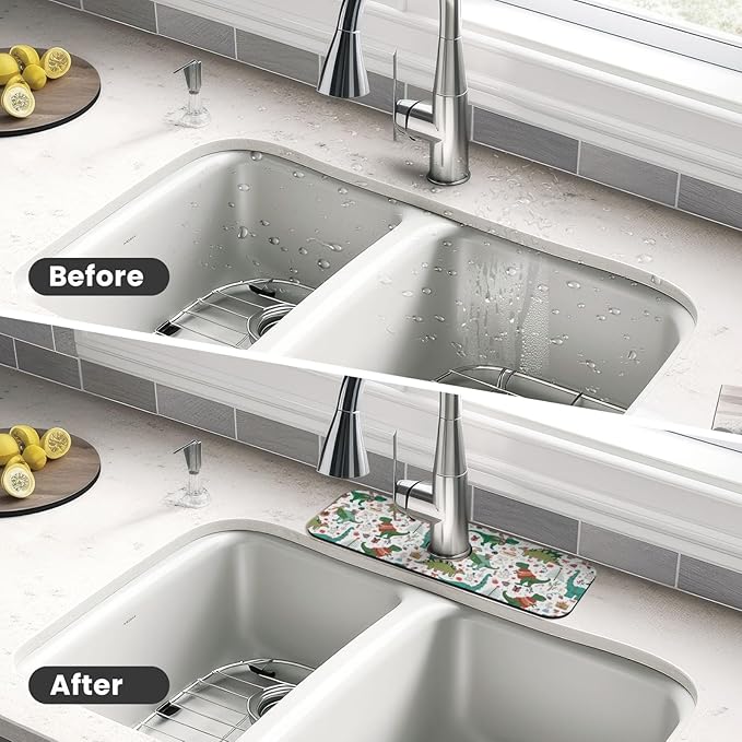 Dinosaur Christmas Happy New Year Kitchen Sink Splash Guard Faucet Mat Super Absorbent Fast Drying Mat Sink Gadgets-Fast Drying Pad Sink Mat For Kitchen Bathroom (15" X 5.5" )