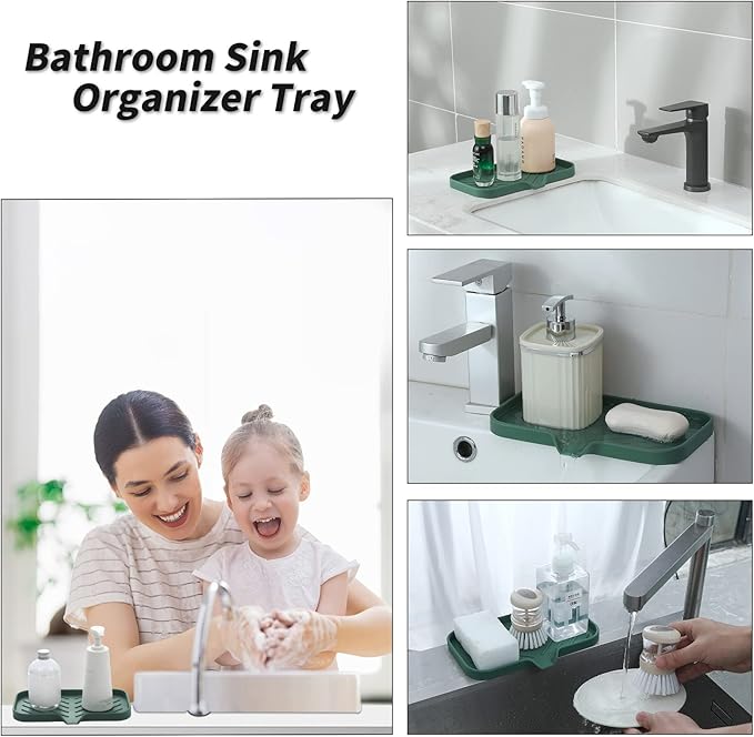 MicoYang Silicone Bathroom Soap Dishes with Drain Spout-Bathroom and Kitchen Sink Organizer,Sponge Holder,Dish Soap Tray,Perfect for Dispenser,Scrubber,Bottle,Cup on Sink or Counter-Green 9.6"×5.3"