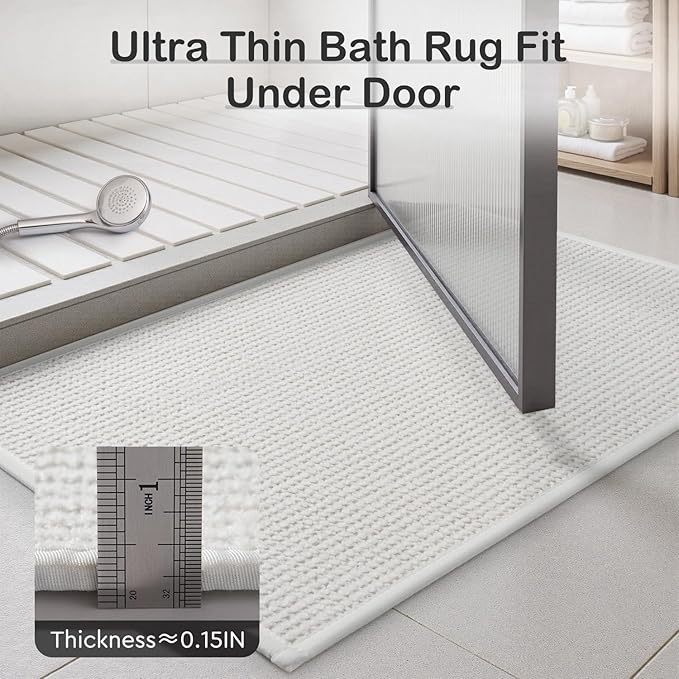 MontVoo Bath Mat,Chenille Absorbent Bathroom Mat Quick Dry Rubber Backed Bathroom Rugs Non Slip Washable Bath Mats,Ultra Thin Bathroom Rugs Fit Under Door,17"x24",White