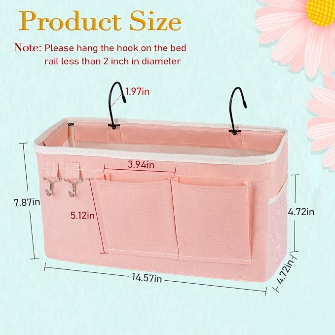 Bedside Storage Caddy/Bedside Hanging Storage Bag for Headboards Bunk Beds Dorm Rooms Book Phone Magazine Holder (Light Pink)