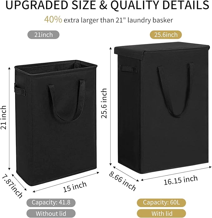 Chrislley 60L Slim Laundry Hamper with Lid Narrow Laundry Basket with Handle Upgrade Foldable Dirty Clothes Hamper Portable Skinny Hamper Organizer Storage Bins (25.6 inches, black)