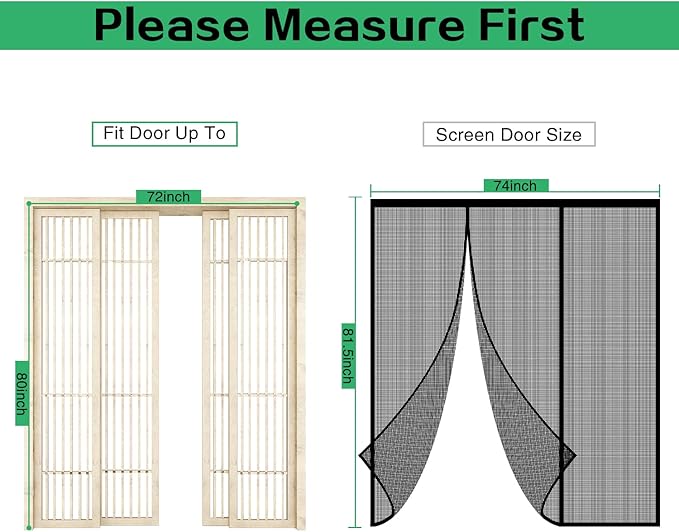 Magnetic Screen Door - Self Sealing Magnets, Reinforced Fiberglass Heavy Duty Mesh Net Closure for Sliding Door, Patio, Bedroom-Hands Free, Pets&Kids Friendly, Fit Doors Size Up to 72 x 80 Inch, Black