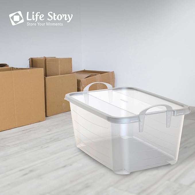 Life Story 12 Pack Light Duty Stackable Storage Bin, 55 Quart Home Organizer, Versatile Lightweight Locking Bins with Carrying Handles, Clear
