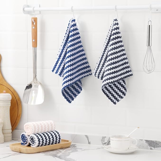 Homaxy 18 Pack Kitchen Dish Cloths, Ultra Soft and Absorbent Dish Towels, Reusable Fast Drying Microfiber Cleaning Cloth, Coral Velvet Wave Design No-lint, 10 x 10 inches, Dark Grey/Navy Blue/Beige